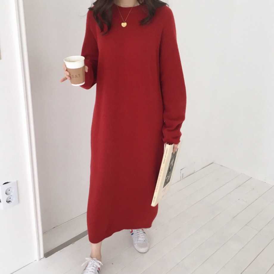 Knitted Dresses for Women Crew-Neck Long Sleeve Korean Style Fall Mid-Length Dress Female Loose Casual Pullover Kobieta Sukienka 210604