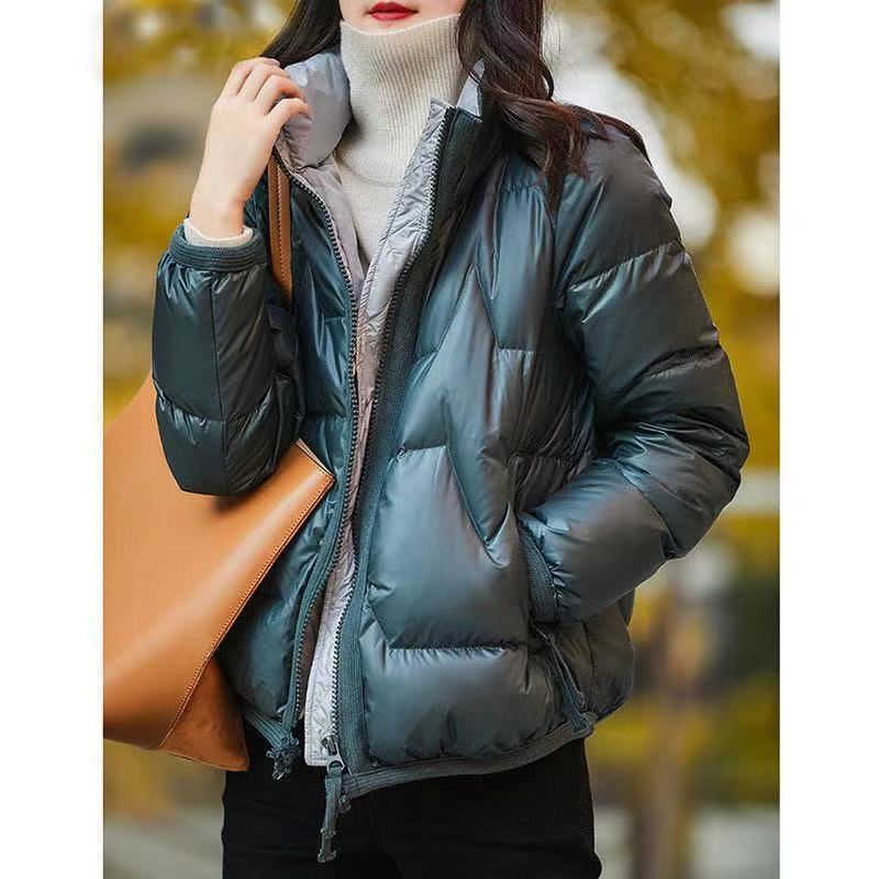 Women's Short Cotton-padded Jacket Shiny Cotton Down Padded Pocket Keep Warm Korean Style Loose Stand Collar Thick Coat 211013