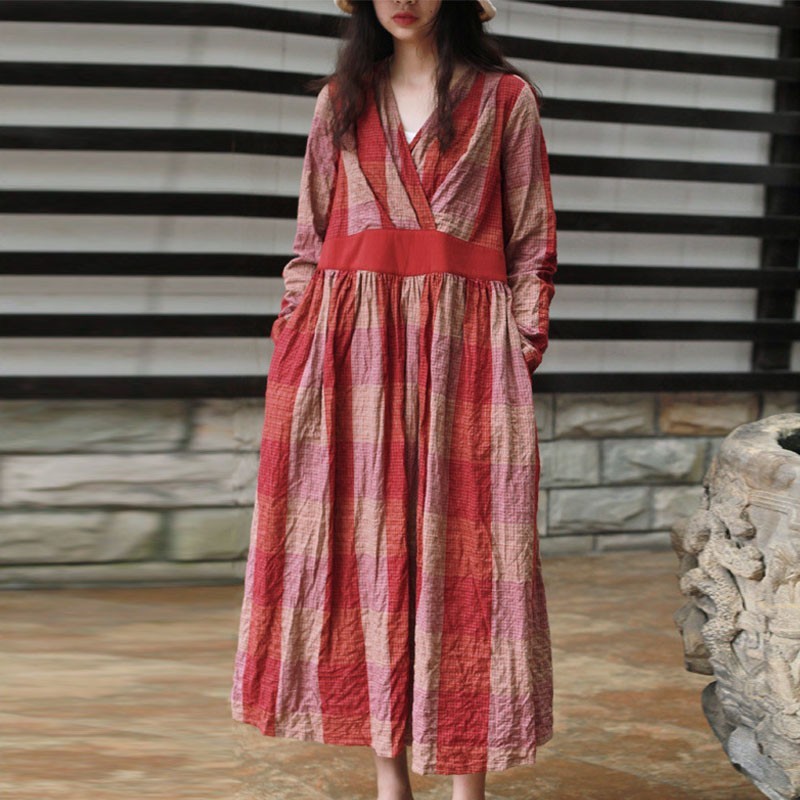 Johnature Women Loose Retro Plaid V-neck Pockets Cotton Linen Lace Up Dresses Autumn Simple Fashion Long Sleeve Dress 210521, Red
Johnature Women Loose Retro Plaid V-neck Pockets Cotton Linen Lace Up Dresses Autumn Simple Fashion Long Sleeve Dress 210521, Red