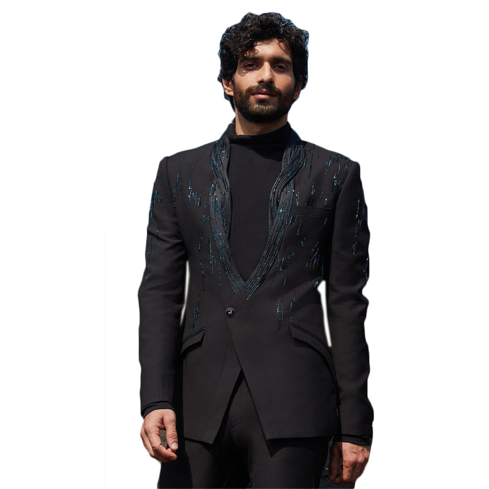 Designer Beading Black Mens Customized Wedding Tuxedos Slim Fit Groom Wear Dinner Prom Party Blazer (Jacket+Pants)