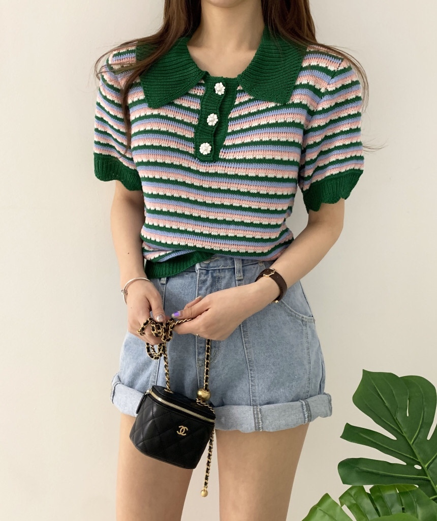 Summer Striped Knitted Sweater Knitwear Women Short Sleeve Turn-down Collar Buttons Pullover Tops Korean Vintage Fashion Jumpers 210514