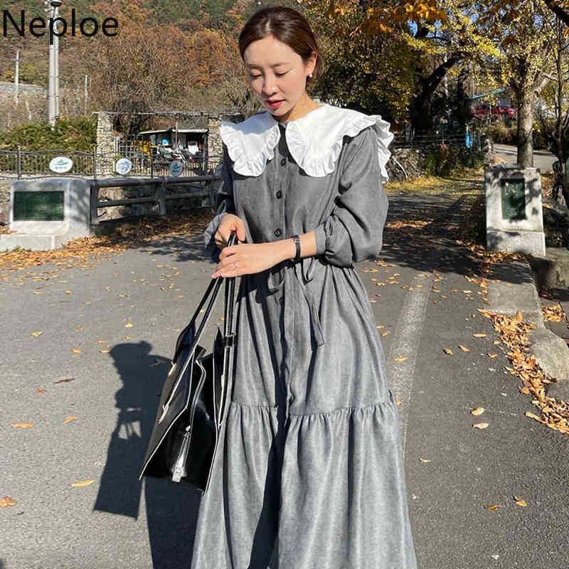 Neploe Korean Chic Maxi Dresses Women Temperament Peter Pan Collar Ruffles Vestidos Single Breasted Loose Lace Up Elegant Dress 210422