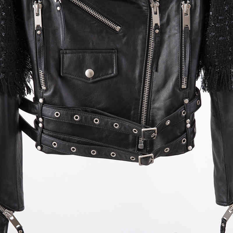 TWOTWINSTYLE Moto Style PU Leather Jacket For Women Stand Collar Long Sleeve Sashes Casual Jackets Female Fashion Clothing 210517