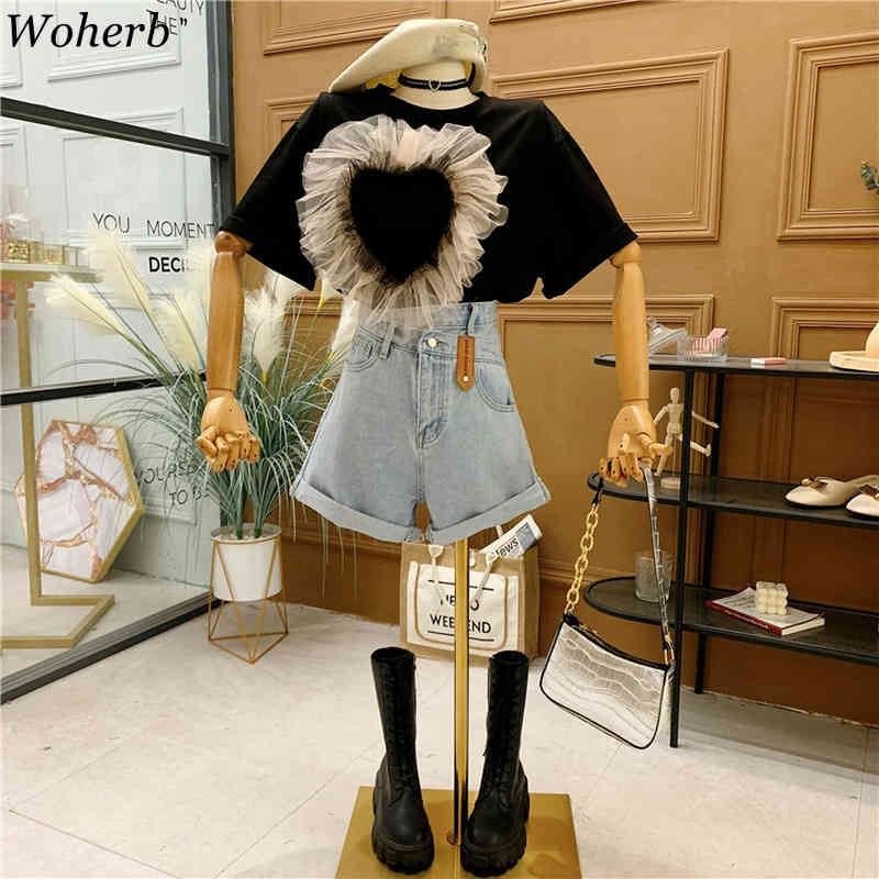 T-shirt Women's Short Sleeve Summer Tees Love Gauze Patchwork Basic Shirts Korean Loose O Neck Chic Tops Femme 4i450 210519