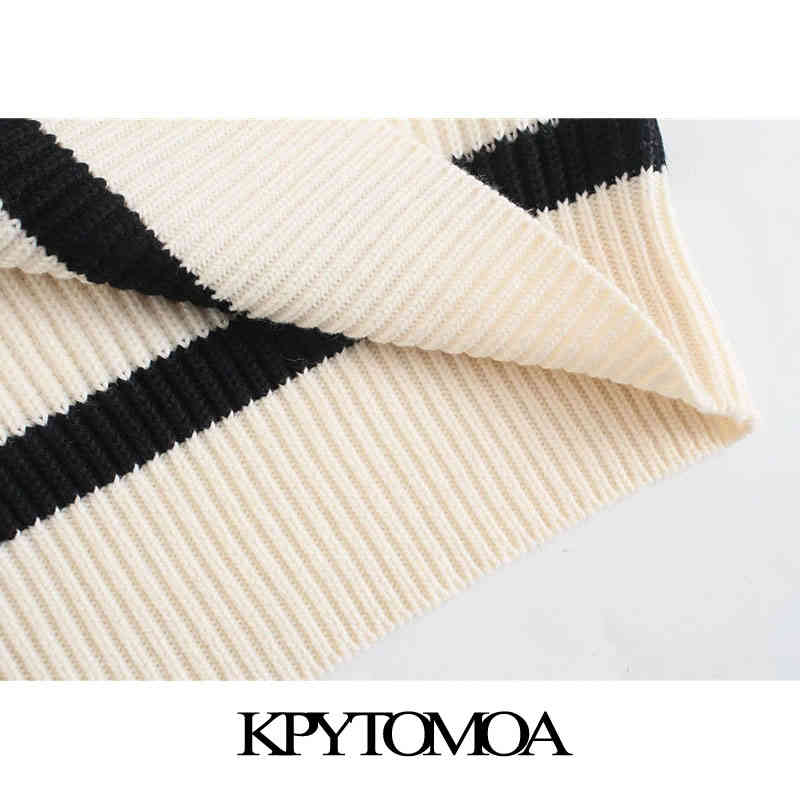 Women Fashion Oversized Striped Knitted Vest Sweater V Neck Sleeveless Female Waistcoat Chic Tops 210420