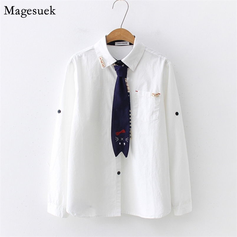 Fashion Korean Cotton Long Sleeve Cute Women Shirts Cartoon Tie White Blouse Leisure Preppy Ladies Tops Plus Size 7439 50 210512