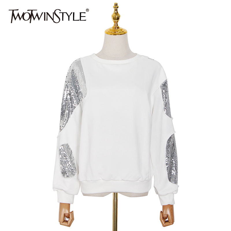 TOWTWINSTYLE Sequins Casual White Sweatshirt For Women O Neck Long Sleeve Irregular Patchwork Sweatershirts Female 210524