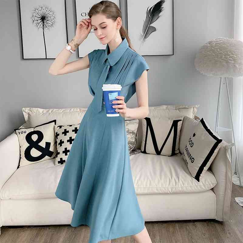 Dabuwawa Blue Tie Pleated Shirt Top Long A-Line Skirt Set Women Short Sleeve Elegant Two Pieces Sets Office Lady DT1BSA008 210520