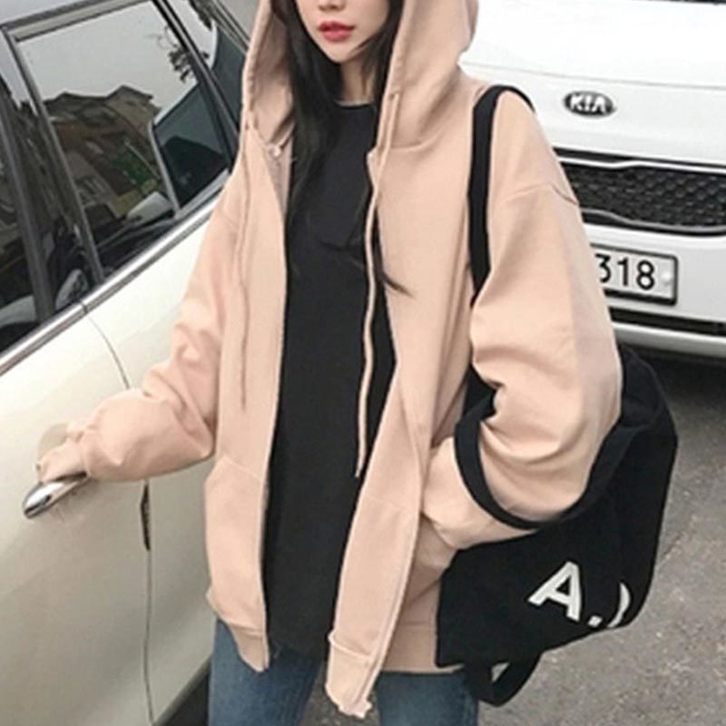 Women Korean pop Solid Zipper Up Hoodies Boyfriend Style Loose Coat Autumn Jackets Plus Size Outwear Fashion 210428