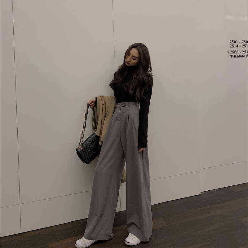 Women Loose Summer Pants Soft Ice Silk Ankle-Length Black Wide Leg Grey Khaki High Waisted Trousers stacked pants 211124