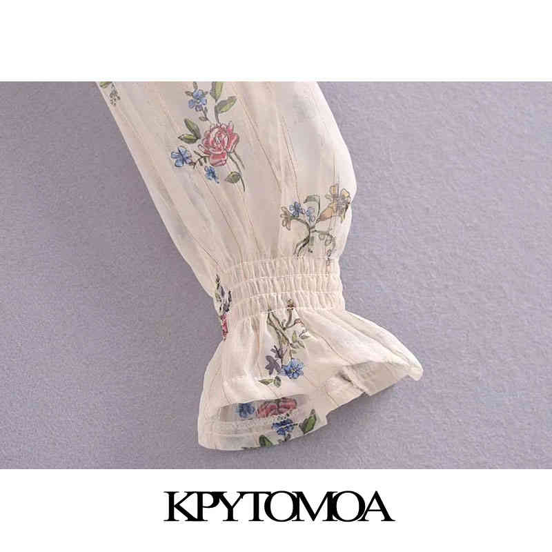 Women Fashion Floral Print Ruffled Cropped Blouses Long Sleeve Smocked Hem Female Shirts Blusas Chic Tops 210420