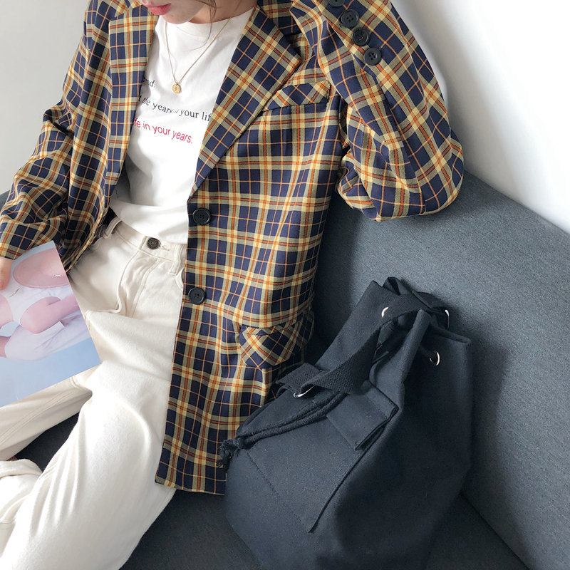 Retro Yellow Plaid Chic Office Lady Vintage Loose England Style Women Plus Size Feminine All Match Blazer 210421