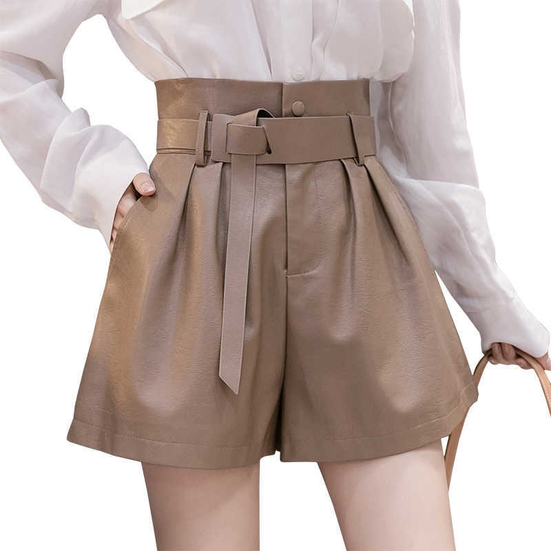 Autumn Winter Black PU Faux Leather Women's Shorts Sashes High Waist Wide Leg Elegant Female Solid Trousers 210714