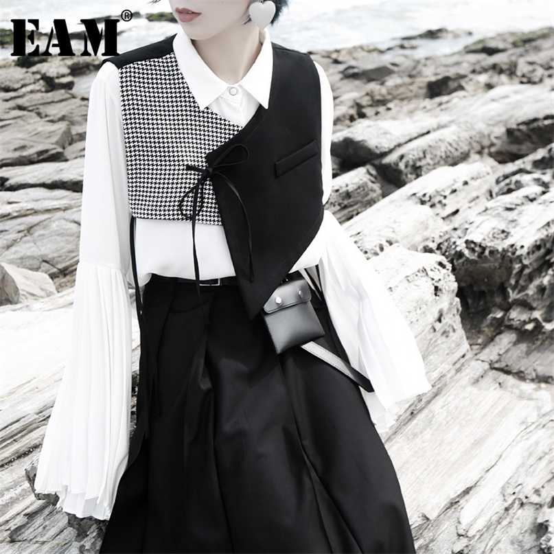 [EAM] Women Black Plaid Split Asymmetrical Loose Fit Vest V-collar Sleeveless Fashion Spring Autumn 1H073 211120