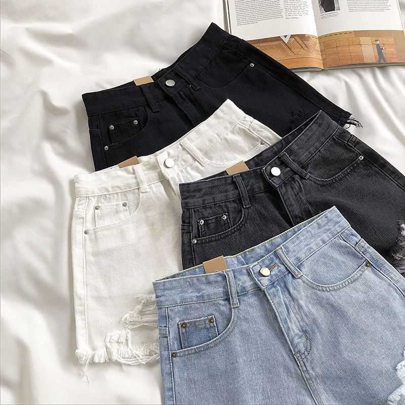 Light Denim Shorts Women High Waist Summer Korean of Loose-cut Hole Thin Ins Pats Womans Shorts Drop 210611