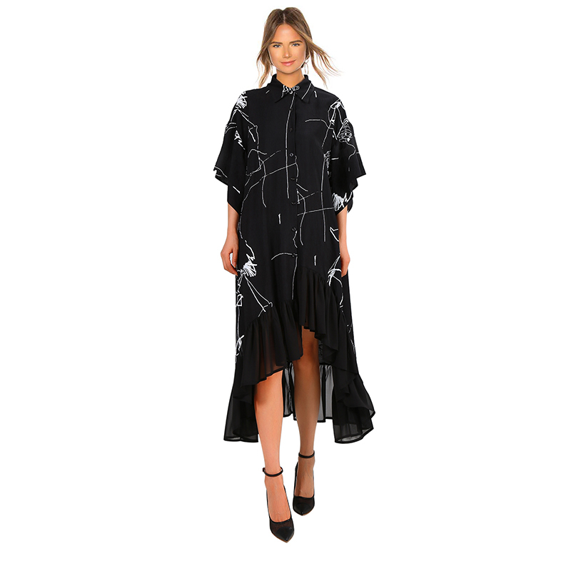 Unique Streetwear Style Woman Summer Plus Size Black Casual Shirt Dress Half Sleeve Ruffles Printed Ladies Dress Loose Robe 3751 210331