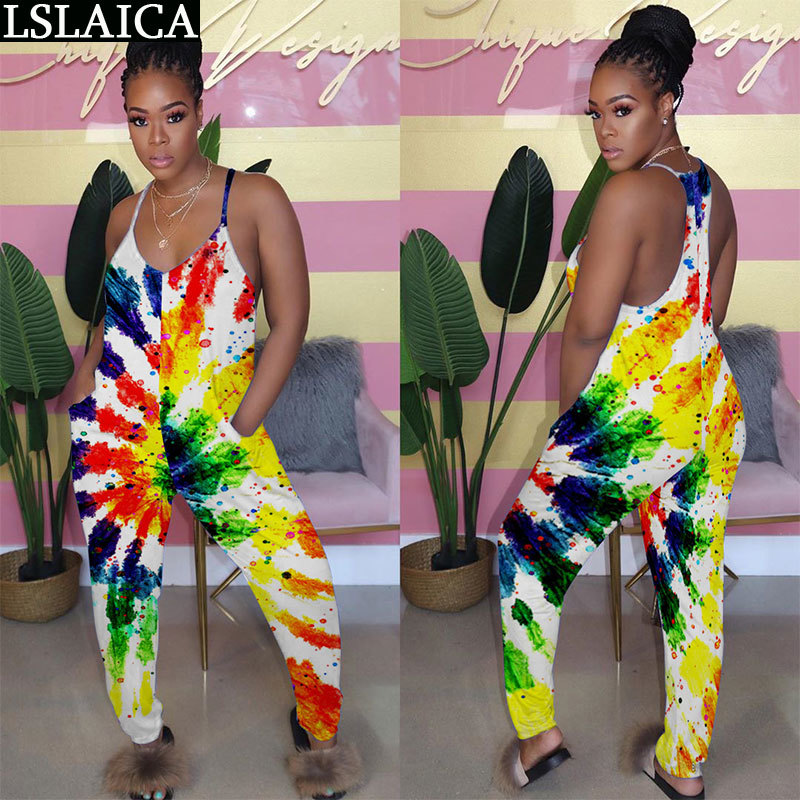 Fashion colorful print sleeveless sexy jumpsuit for women slim casual wild streetwear bodysuit backless club 210520