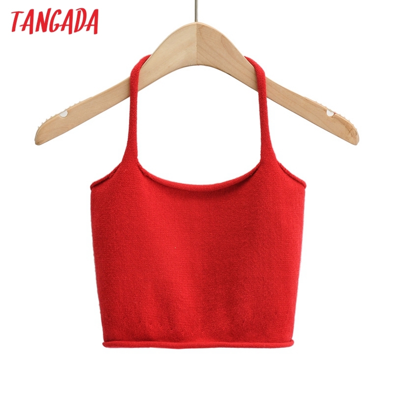 Women Knit Halter Camis Crop Top Spaghetti Strap Sleeveless Backless Short Shirts Female Casual Solid Tops 4P55 210416