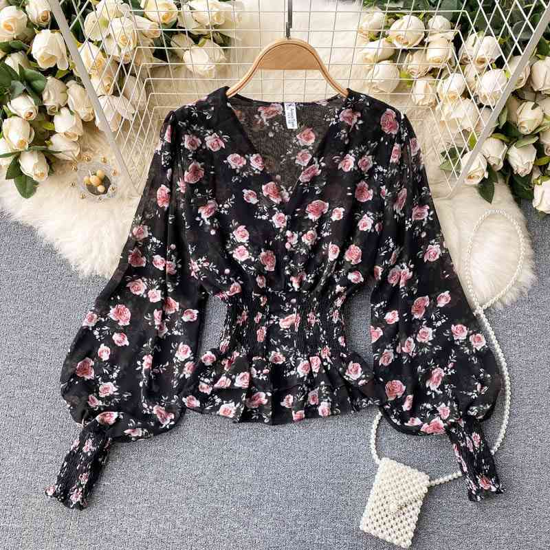 Summer Chiffon Tops Fashion Floral Print Blouse Women Lantern Sleeve Shirt Ruffle Waist Slim Blusa Camisas Mujer 210519