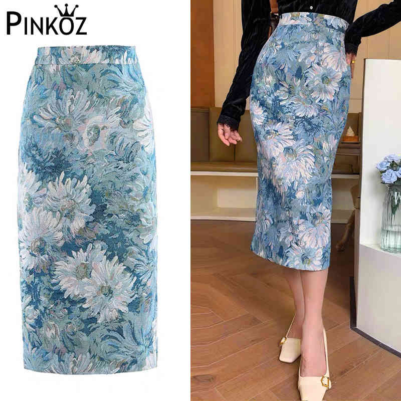 women midi skirt painting retro sunflower printed high waist pencil summer Victorian vintage harajuku faldas largas jupe 210421