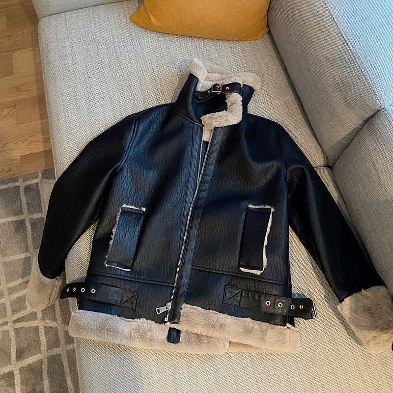 LY VAREY LIN Winter Women Thick Warm Moto Faux Leather OverCoat Loose Zipper Locomotive Lapel Coat PU Jacket 210526