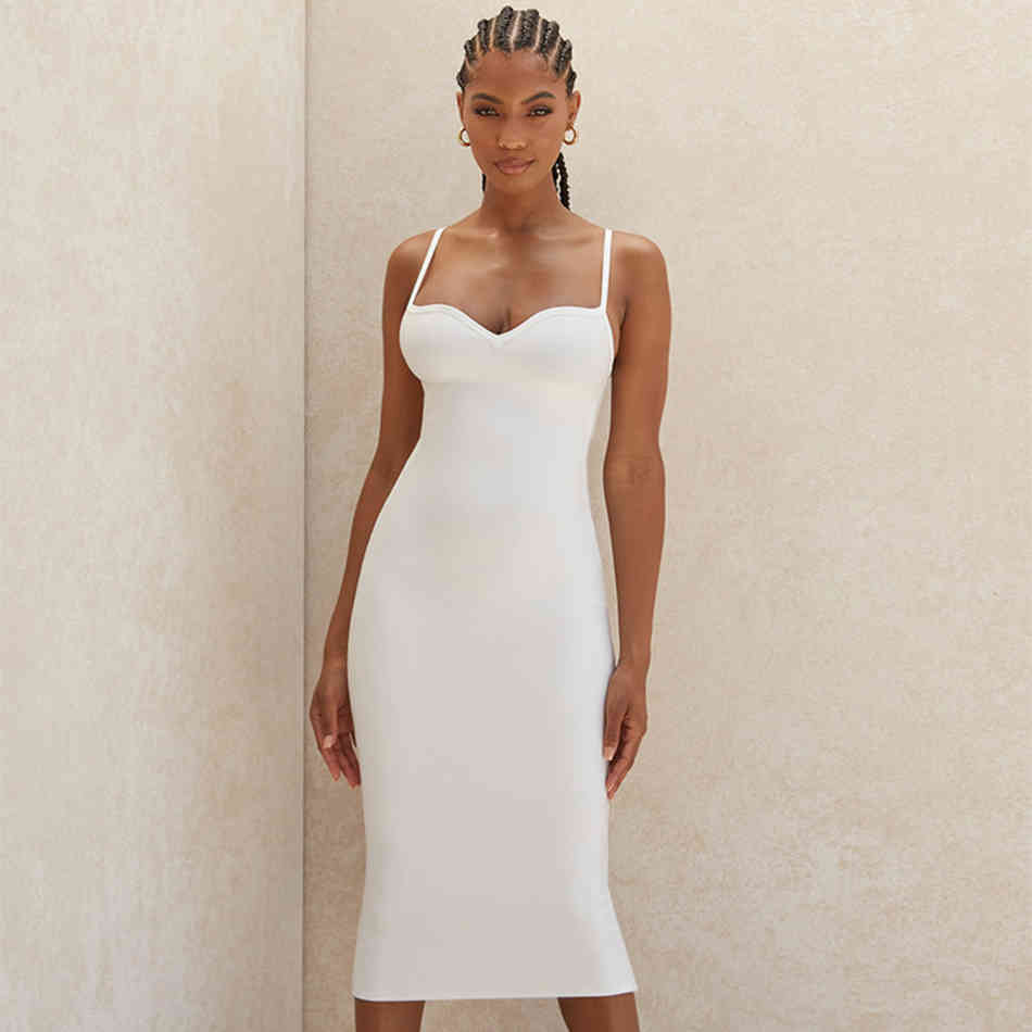 Adyce New Summer Women White V Neck Bodycon Bandage Dress Sexy Spaghetti Strap Club Celebrity Runway Party Dresses Vestidos 210409