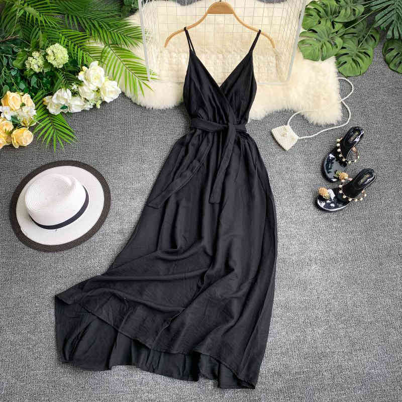 Summer Sexy A Line Spaghetti Strap Dress Solid V-neck Sleeveless Tie Up High Waist Lady Party Dress 210521
