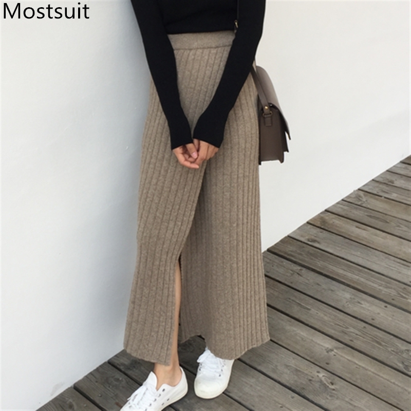 High Waist Splitting Knitted Long Skirt Women Elastic Solid Vintage Ladies Korean Spring Clothes 210514