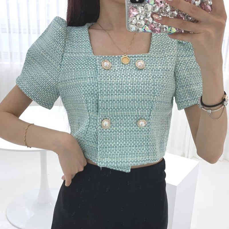 Women Jackets Summer Korean Chic Temperament Square Collar Pearl Double Breasted Puff Sleeve Irregular Tweed Coat 210514