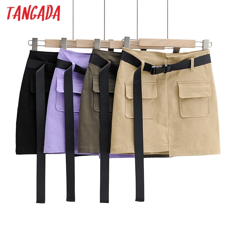 Women Pocket Solid Skirts with Belt Female Casual Mini Skirt 4P06 210416