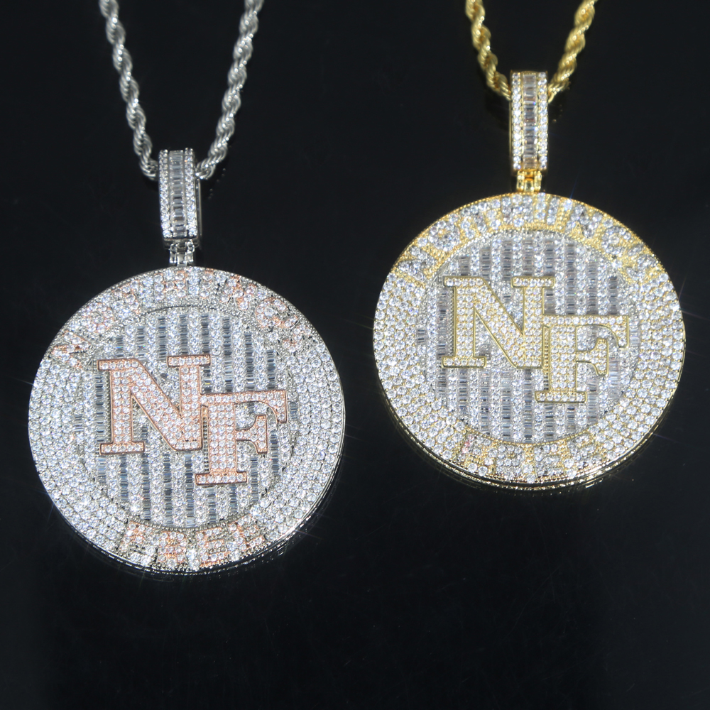 Iced out hip hop letter Nothing's Free NF pendant Necklacs with Full white Cubic zircon paved gold rose color punk styles Women Men punk jewelry 
