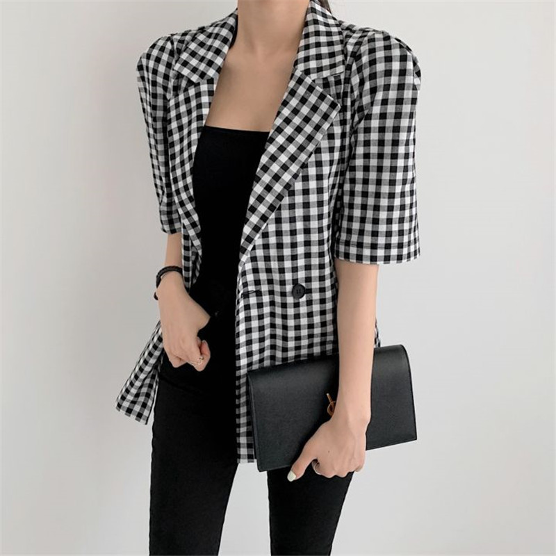 Vintage Plaid Suit Blazer Jacket Loose Elegant Summer Blazers Fashion Office Lady Short Sleeve Women Coat Tops 210421