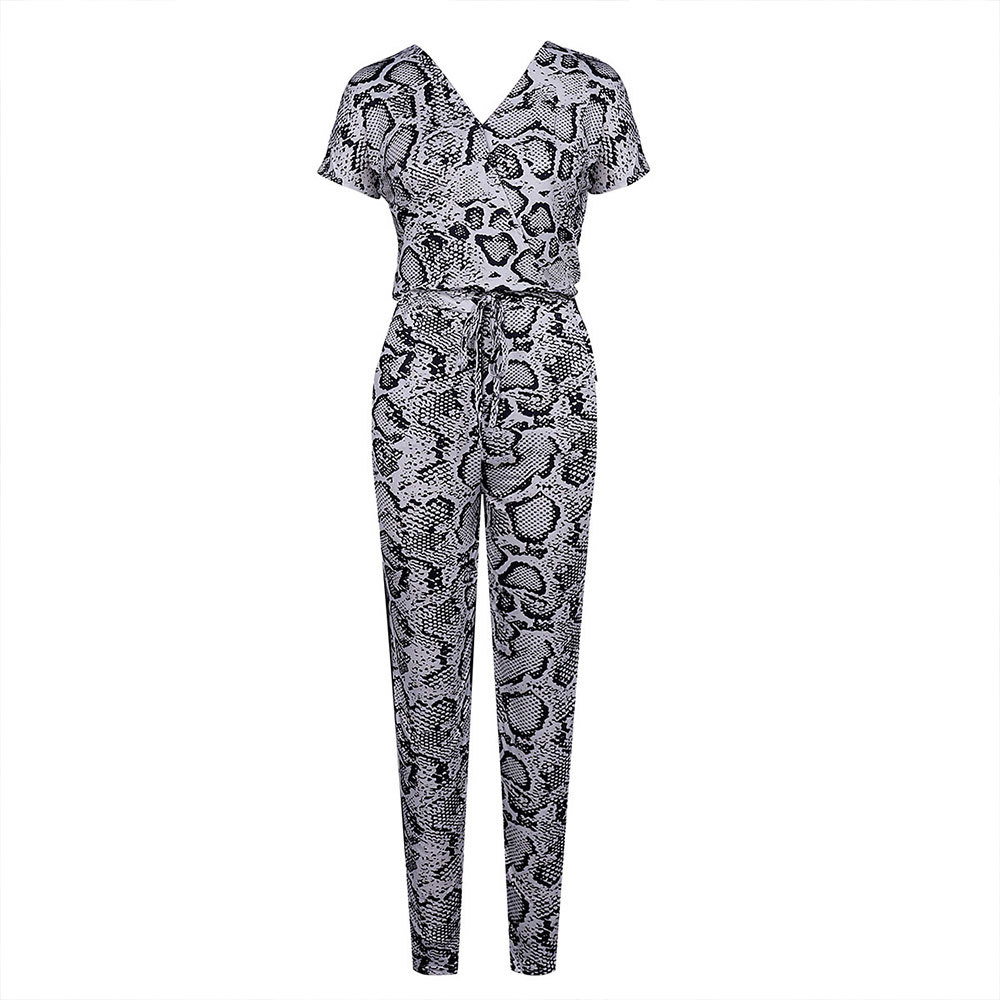 Sexy Serpent Leopard Print Jumpsuit Short Sleeve V Neck Sashes Playsuits Vintage Trousers Elegant Slim Fit Jumpsuits 210428