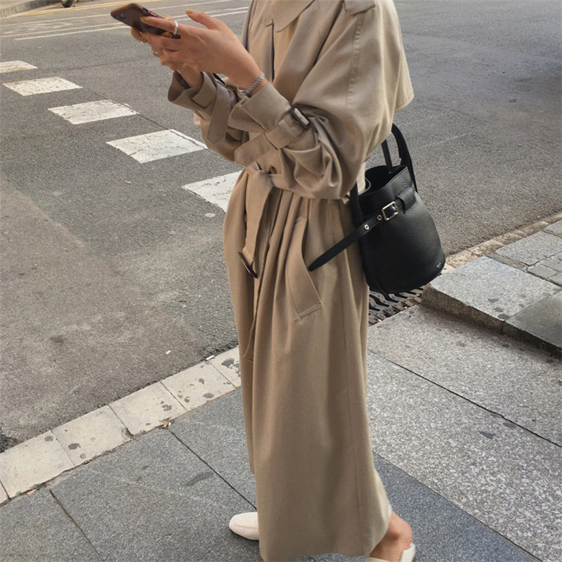 England Classic Long Trench Coat Belt Female Plus Fashion OL Overcoat Slim All Match Loose Slender Lady Windbreaker 210421