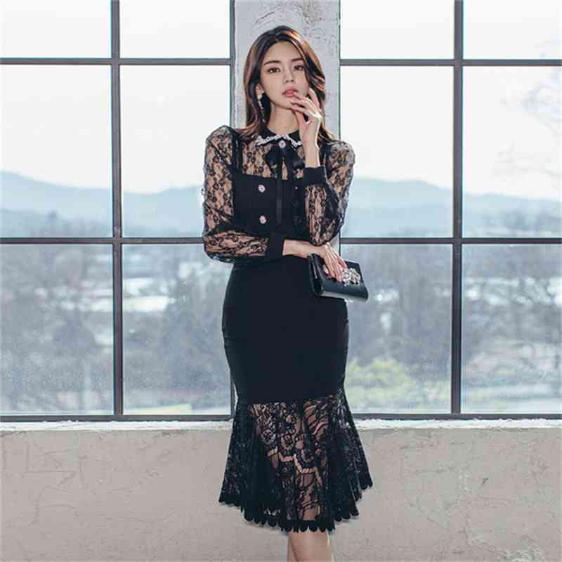 Spring Two Piece Set Fashion Office OL Women Bow Tie Sexy Hollow Out Lace Tops + High Waist Bodycon Mermaid Skirts Suit 210519