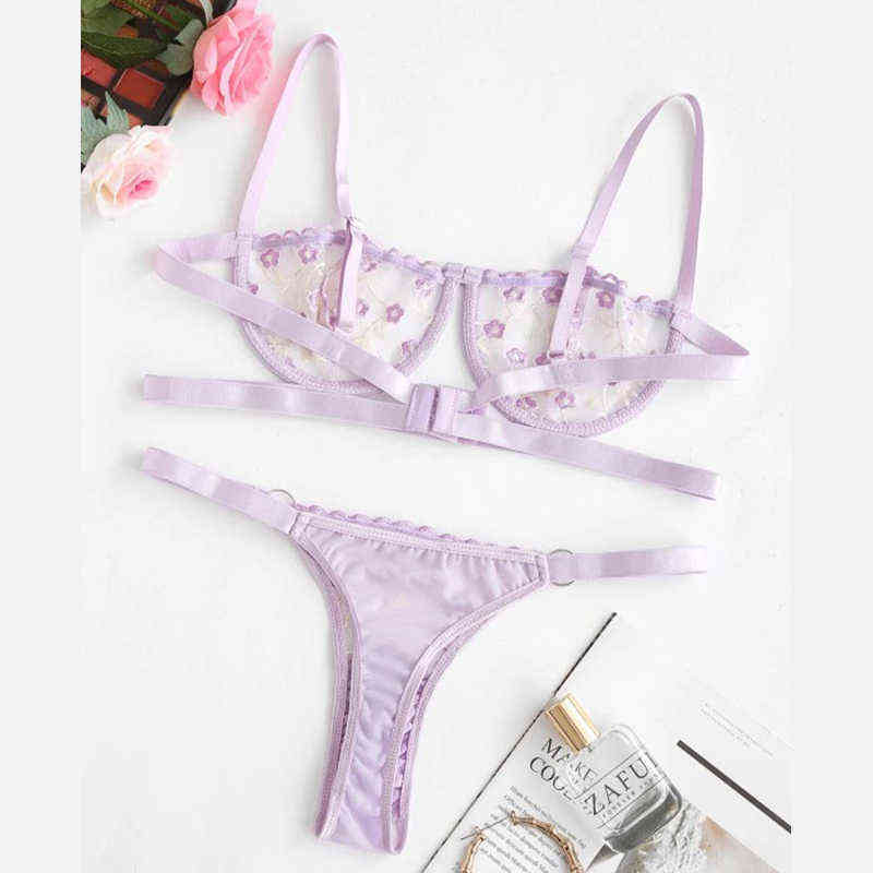 style women's thin section mesh embroidered sexy underwear underwire gather bra panty set thong sexy lingerie set 211104wtt