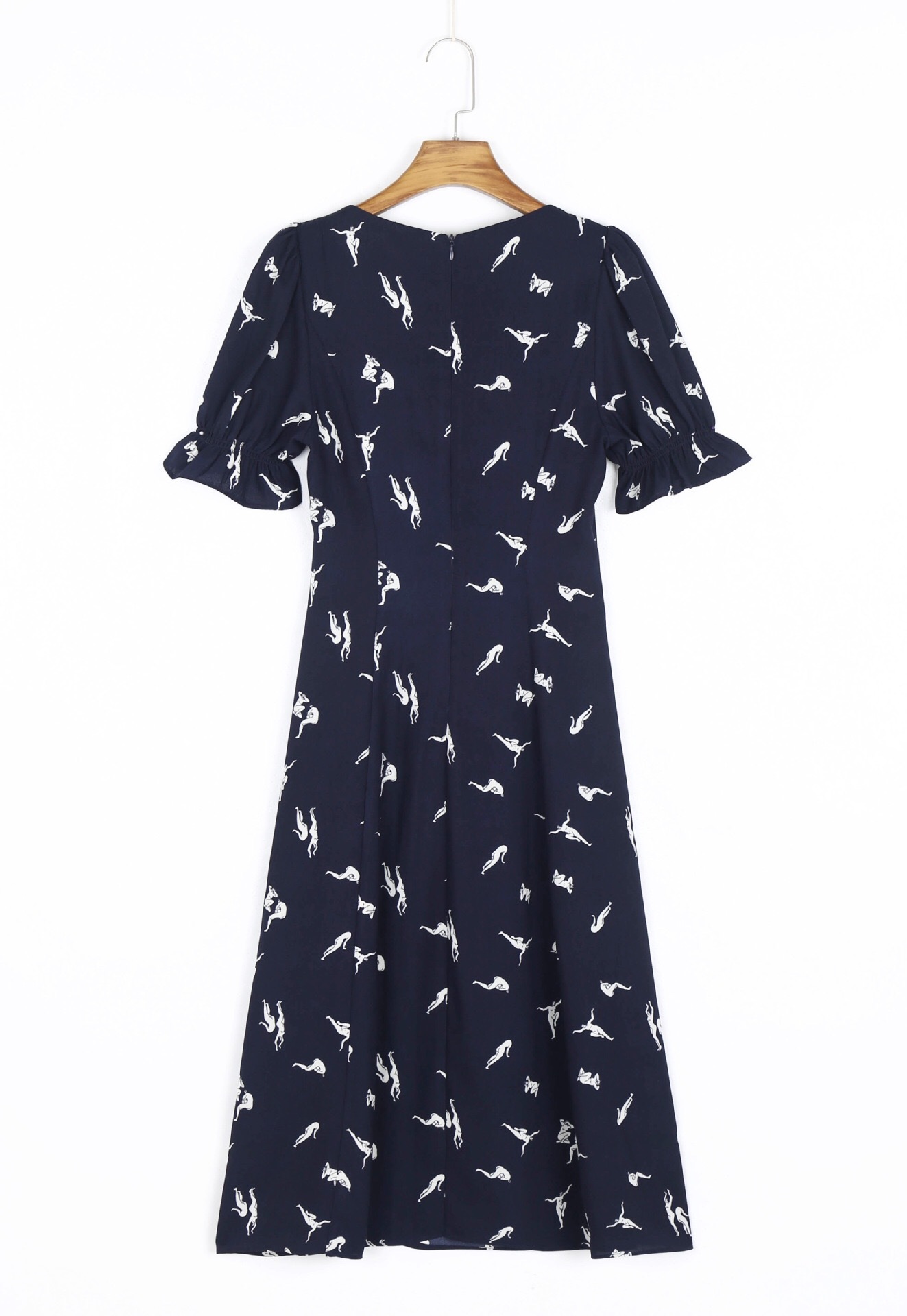 Summer Navy Retro Puff Sleeve Person Print Dress for Woman Square Collar Hem Slit Midi Dresses Holiday 210429