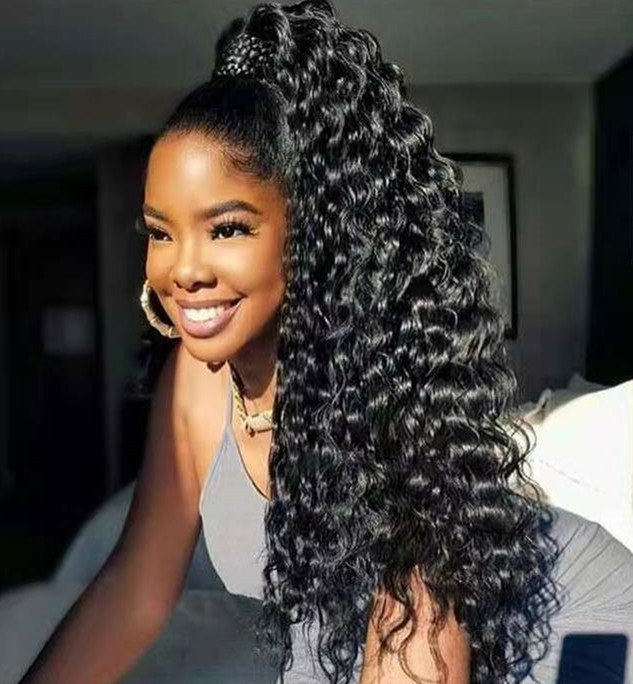 Celebrity Ponytail hairstyle long high curly drawstring pony tail human african american puff updo bun weave hair extension jet black color 1 100g-160