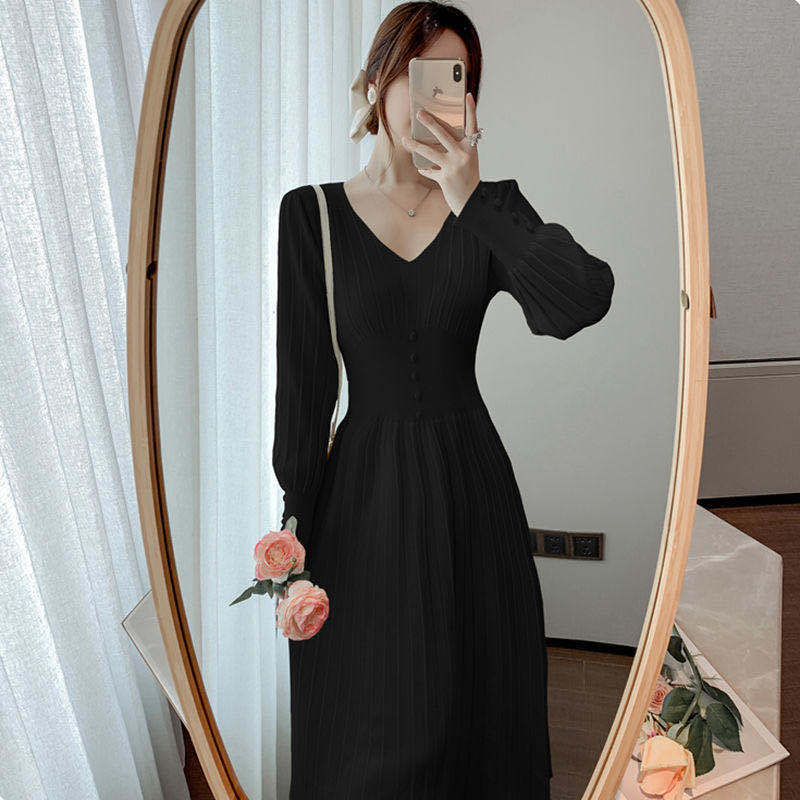 Winter Knitted Dress Women Casual Long Sleeve Office Sweater Dress Female V-neck Button Korean Style Autumn Chic 210521