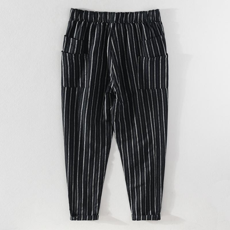 Spring Striped Casual Linen Trousers Men Elastic Waist Cotton Stripe Black Pants For Brand Pantalones Four Season Men's