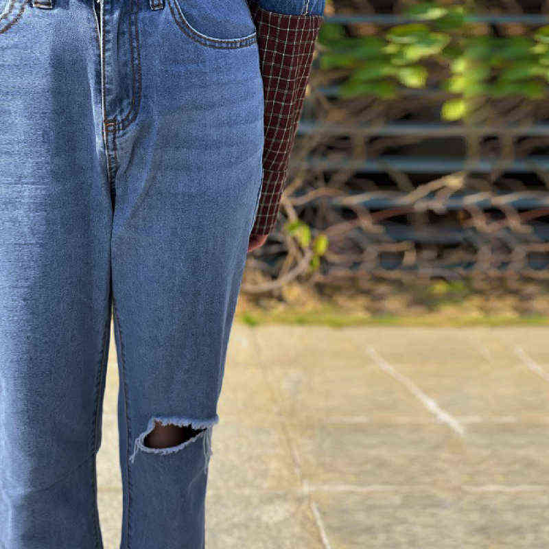 Hole Ripped Straight Mom Baggy Jeans Women High Waist Casual Y2K Streetwear 90s Wide Leg Boyfriend Pants Hollow Denim Trousers 211129