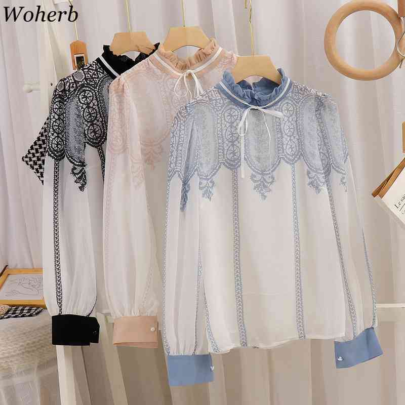 Women Fashion Chic Chiffon Shirt Summer Lace Patch Elegant Long Sleeve Blusas Vintage Stand Collar Blouse Clothes 210519