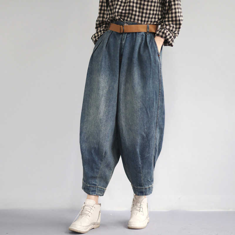 Johnature Women Denim Pants Blue Pockets Vintage Trouser Spring Button Fly Wide Leg Pants For Women Clothing Jeans 210616