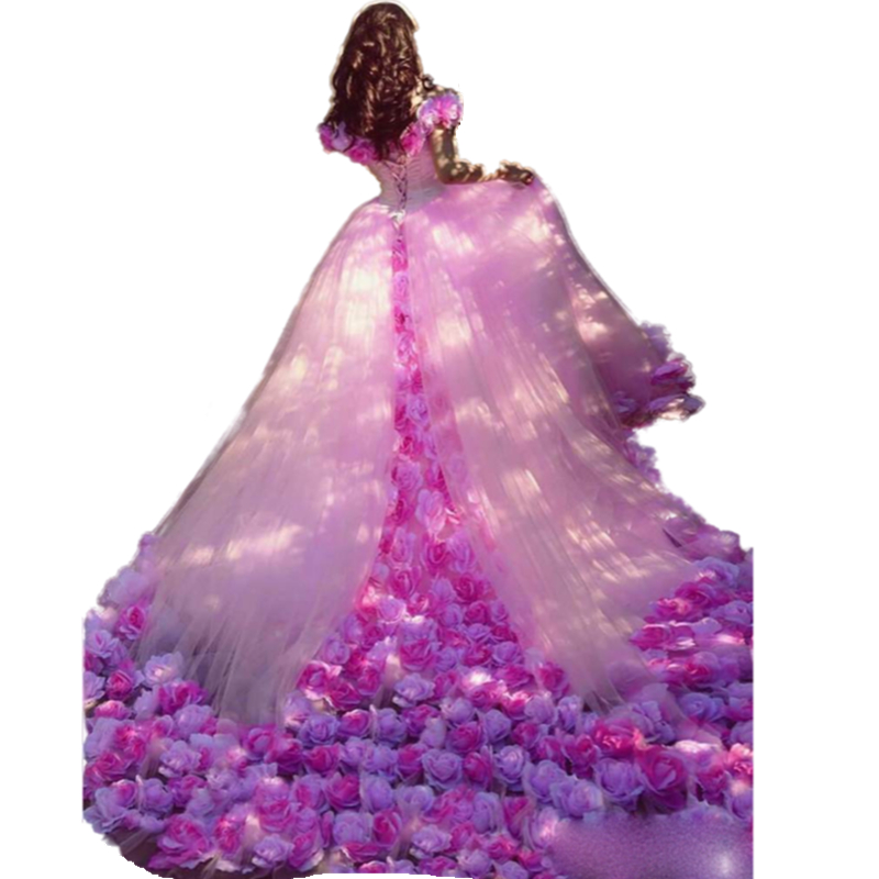 Pink 3D Flowers Princess Quinceanera Dresses Corset Tulle Sweet 16 Dresses Long Train Vestido De Debutante Off The Shoulder 15 Years Girls Brithday Pr