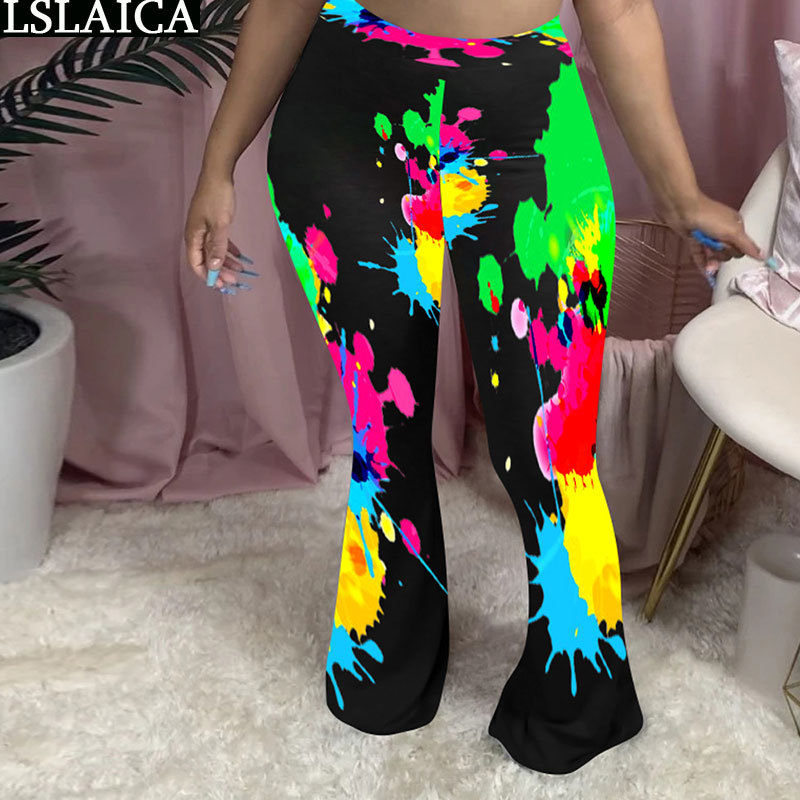Women Pants Tie Dye Print Streetwear Casual Long Trousers Mid Waist Elastic Wide Leg Flare Female Mujer Pantalones 210515