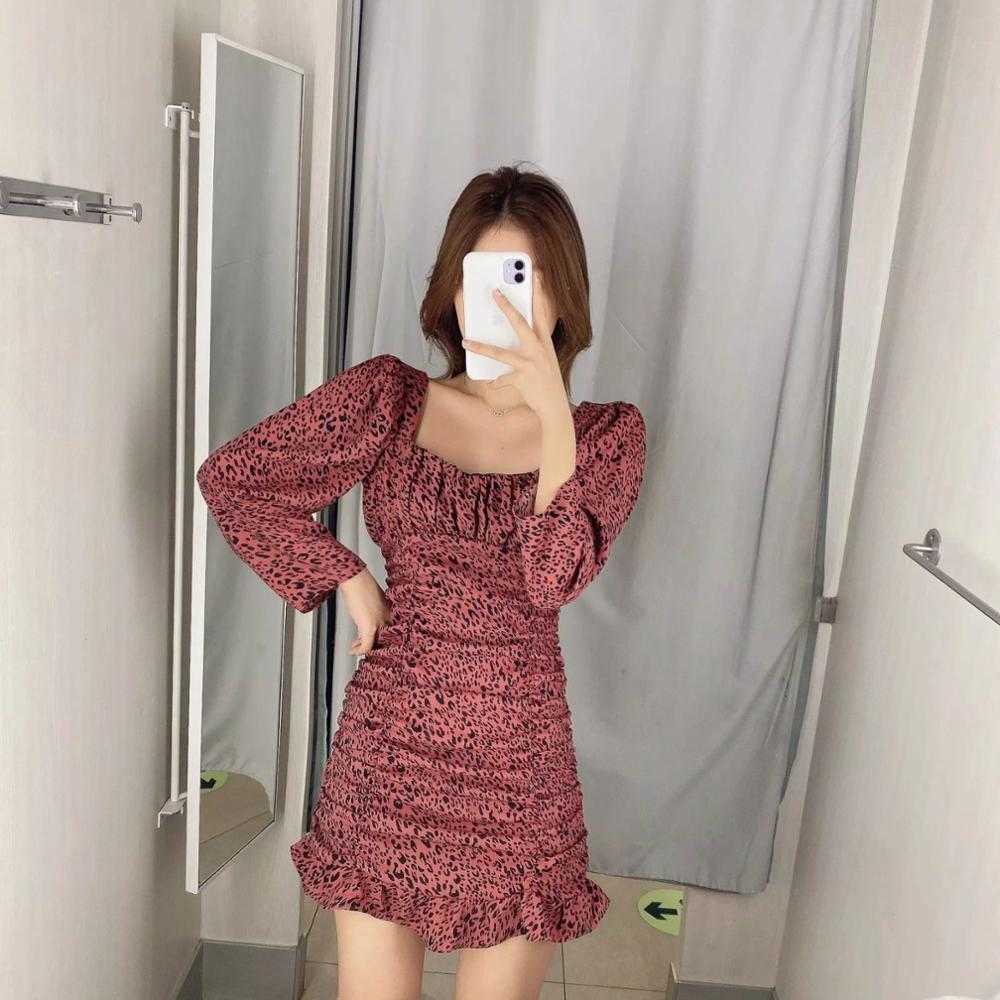 Women Dress Faux Jewelry Button Square-neck Long Sleeves Mini Dress Ruffled Hem Elegant casual vestidos femme robe 210709