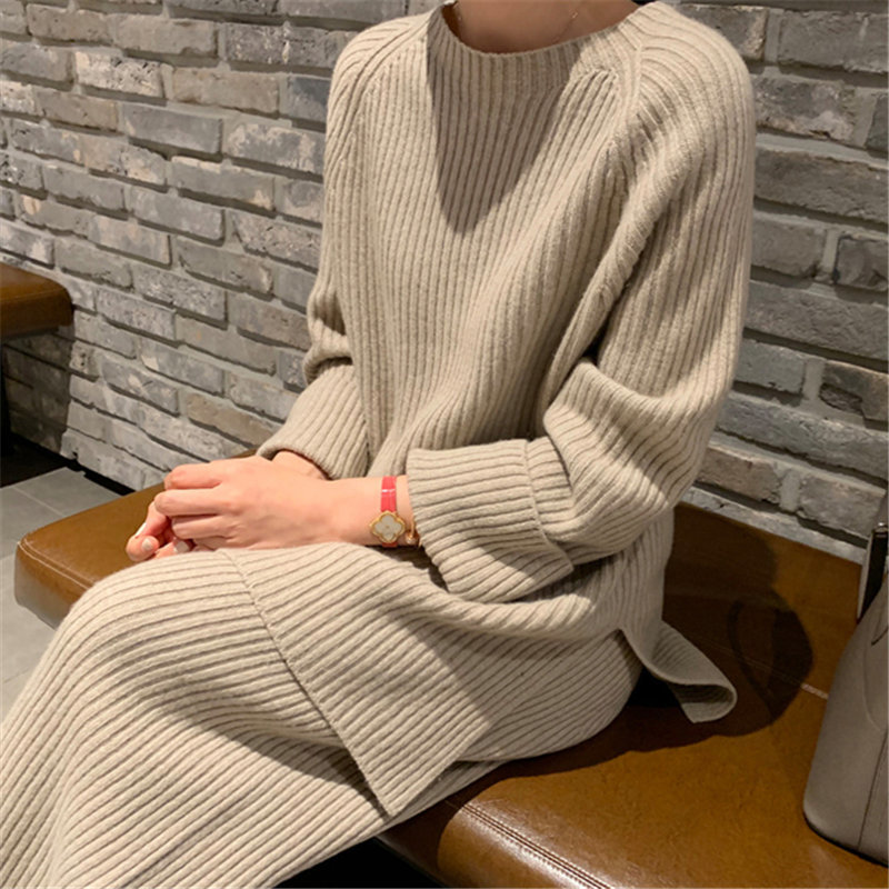 Office Lady Solid OL Brief Chic Split Sweaters+All Match Vintage Casual Wide Leg Pants Set 2 Pieces Sets 210421