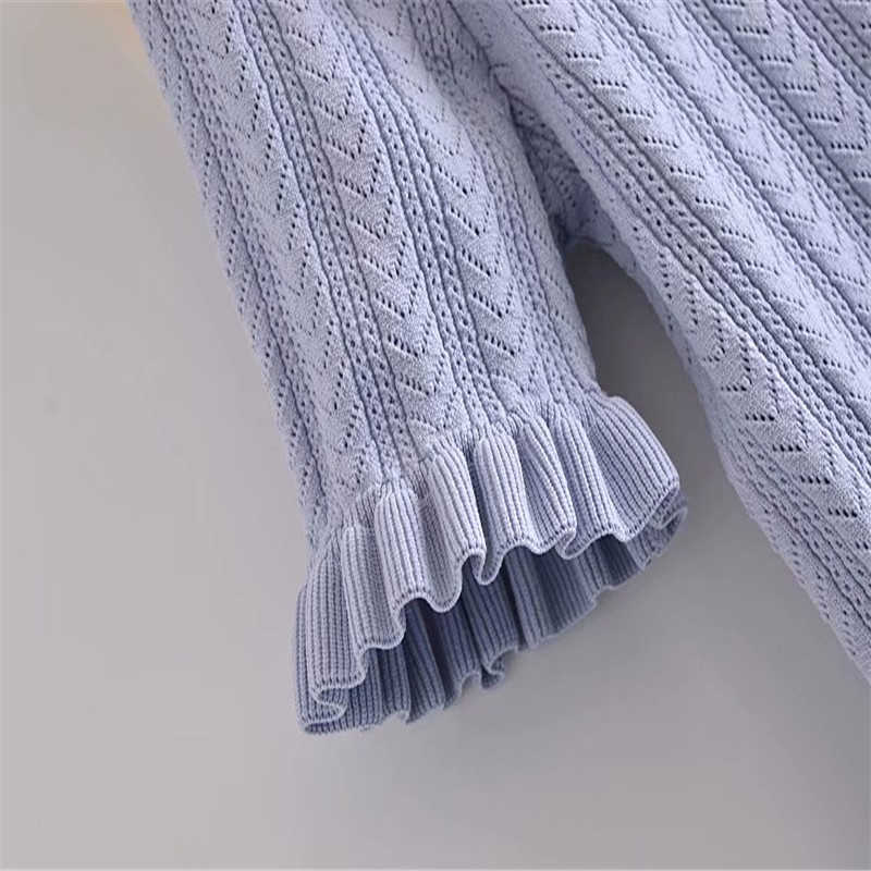 ZA Vintage Ruffle Knit Sweater Women Short Puff Sleeve Blue Spring Knitted Top Woman Fashion Streetwear Elastic Pullover 210602