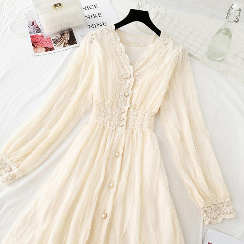 Women V-neck Lace Dress Autumn Elegant A-Line Slim Single-Breasted Vestidos Elastic waist Mesh Mid-calf Dress 210521