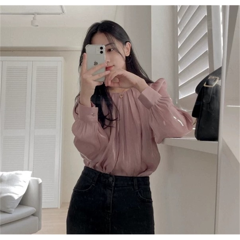 Korea Spring Women Elegant Solid Blouse Ladies Pullover O-Neck Long Sleeve Office OL Casual Shirt Femme 210519